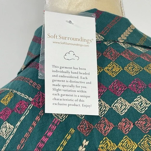 NWT Soft Surroundings Terrare Tunic Shirt Size S Green Embroidered - Picture 11 of 12